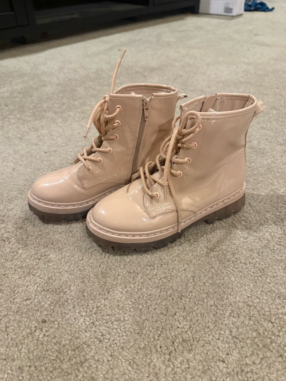 Steve Madden Patent Lace-Up Combat Boots in Nude Pink